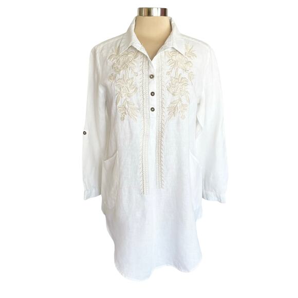 Kyla Seo White Linen Tunic Floral Embroidery 3/4 Button Oversized SMALL - Picture 1 of 9